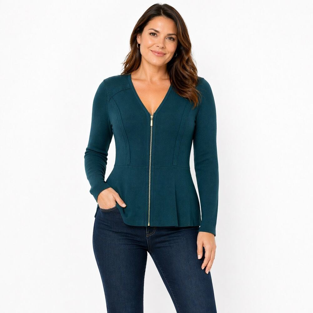 Tracie Scott Teal Zip Front Knit Top Peplum Jacket L Soft Stretch Princess Seam